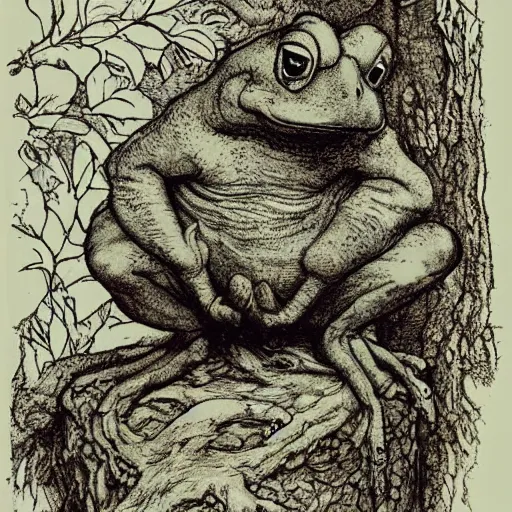 Image similar to toad philosopher toad in a pose The Thinker, swamp, illustrations by irish fairy tales james stephens arthur rackham, fairy tale illustrations, green ratio