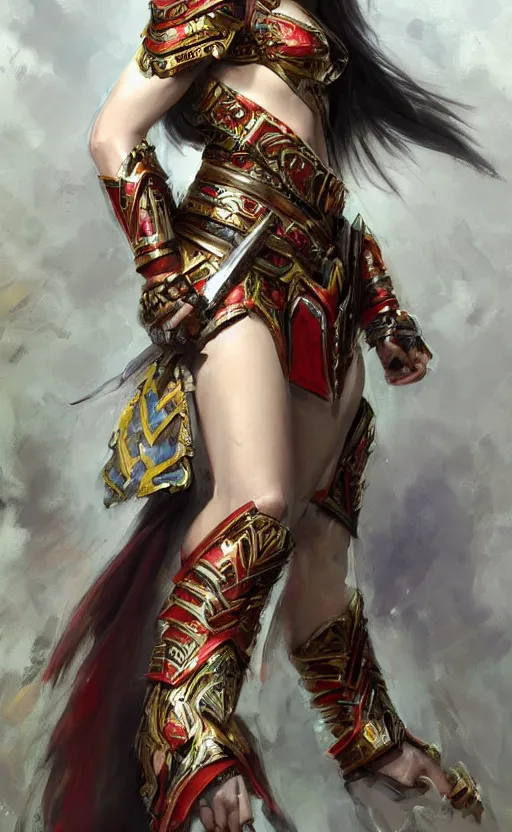 Image similar to curvy asian tribal armor girl by daniel gerhartz, trending on art station