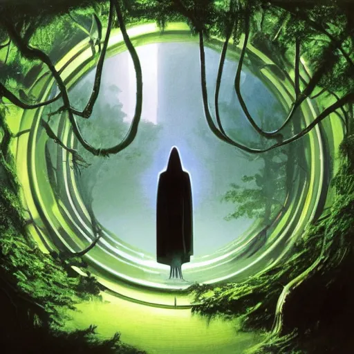 Image similar to portal in a middle of a lush futuristic forest, alien world seen through a portal, person in a cloak standing in front of a portal, syd mead, john harris