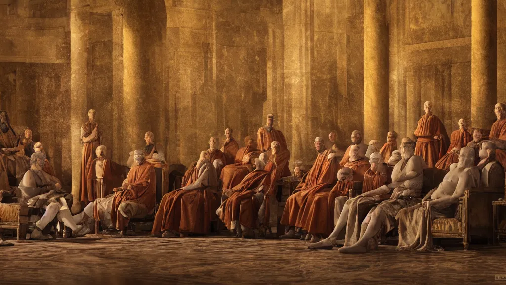 Prompt: oil painting of roman senators in the curia julia sitting around and looking towards a roman emperor standing on a stand, volumetric lighting, hd, hdr, cinematic 4 k wallpaper, 8 k, detailed, high resolution, artstation, early medieval, realistic, roman, senate, cult, oil painting