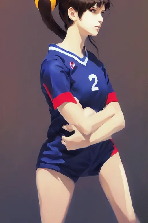 Image similar to A ultradetailed beautiful panting of a stylish woman wearing a volleyball jersey, Oil painting, by Ilya Kuvshinov, Greg Rutkowski and Makoto Shinkai