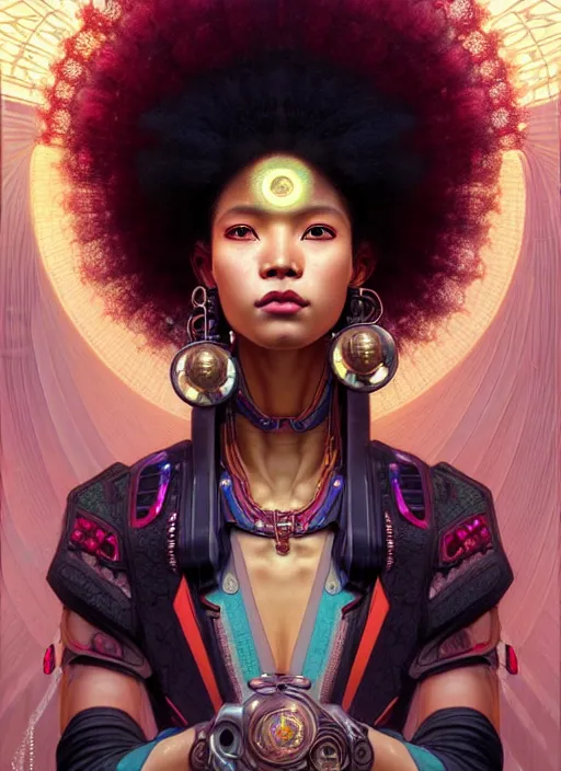 Prompt: portrait of a beautiful cyberpunk geishan woman with afro hair, beautiful symmetrical face, fantasy, regal, by stanley artgerm lau, greg rutkowski, thomas kindkade, alphonse mucha, loish, norman rockwell.
