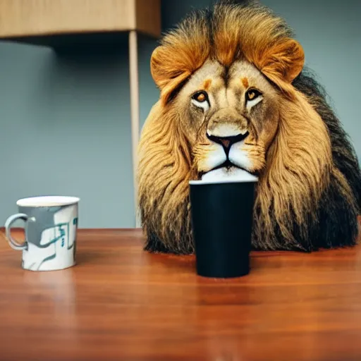 Prompt: a lion sitting on a table with a cup leaking coffee on the table next to him.