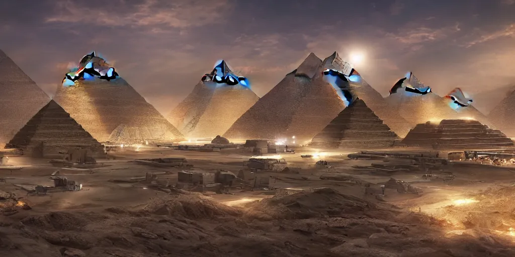 Prompt: a beautiful view of a spaceport at the pyramids, matte painting, cinematic lighting, hyper - detailed, 4 k, scifi