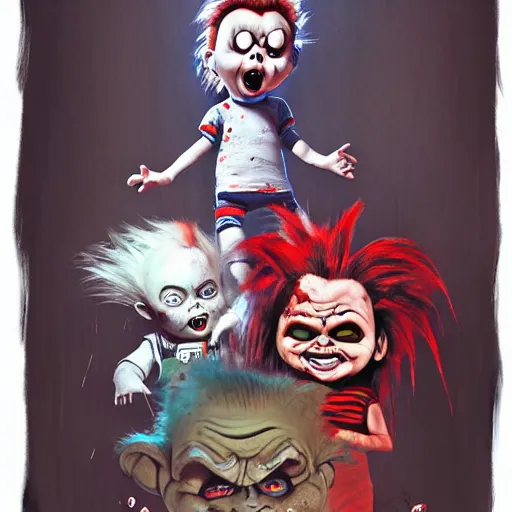 Image similar to chucky, horror, grunge, loony toons style, illustrated by Greg Rutkowski and dr seuss., Trending on artstation, artstationHD, artstationHQ, 4k, 8k