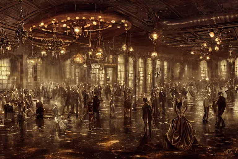 Image similar to steampunk ballroom flooding, wide shot, cinematic, realistic painting