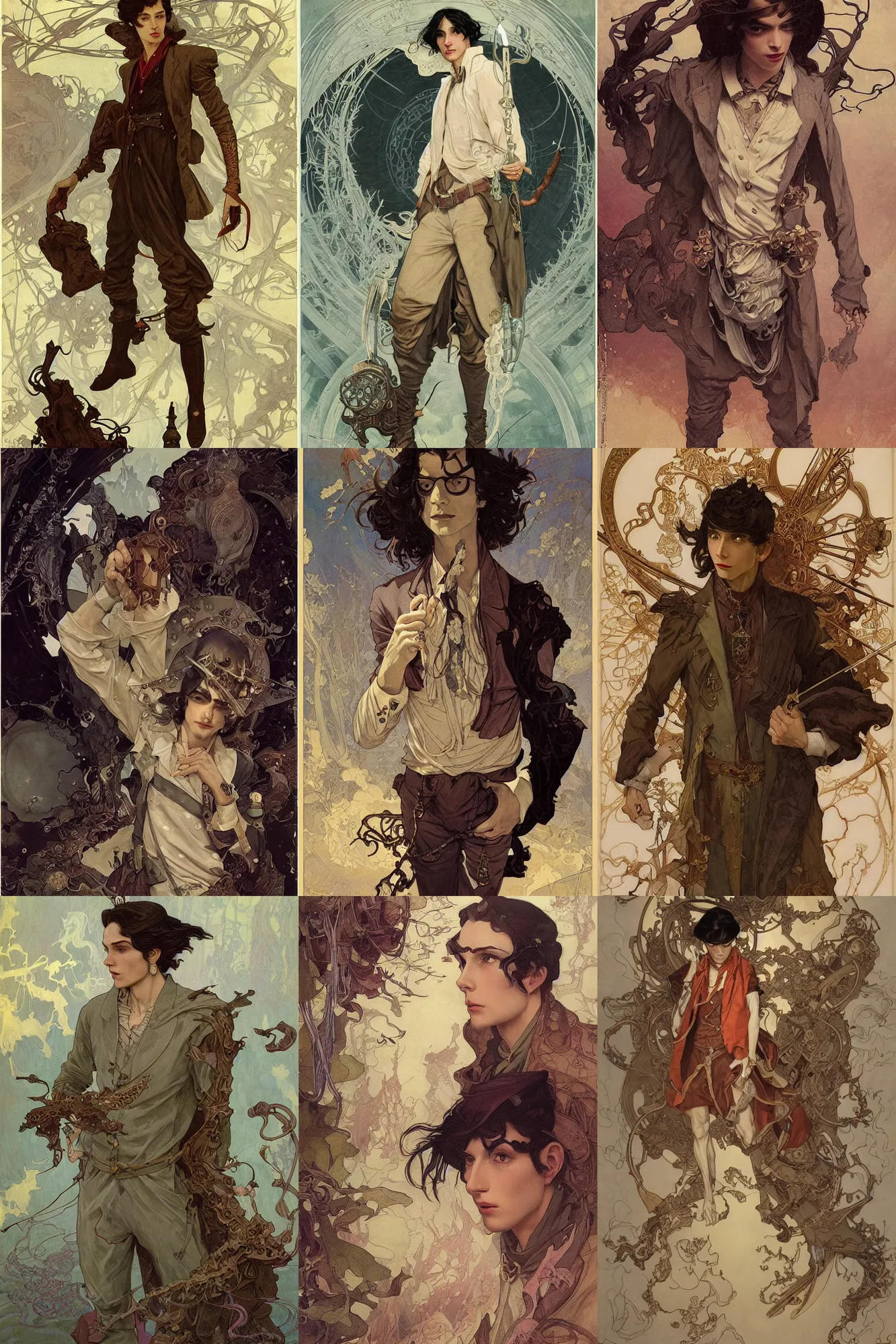 Prompt: thin young male alchemist, long dark hair, 1 9 2 0 s fashion, fantasy, highly detailed, intricate, smooth, art by joseph leyendecker, peter mohrbacher, ruan jia, marc simonetti, ayami kojima, cedric peyravernay, alphonse mucha, victo ngai