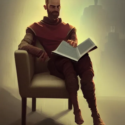 Image similar to mordin solus on chair reads book, light stubble, digital art, photorealistoc, art by greg rutkowski, hyperdetailed, western comic style, comic, comic style, sharp lineart, professional lighting, deviantart, artstation, trevor henderson, rossdtaws, cinematic, dramatic