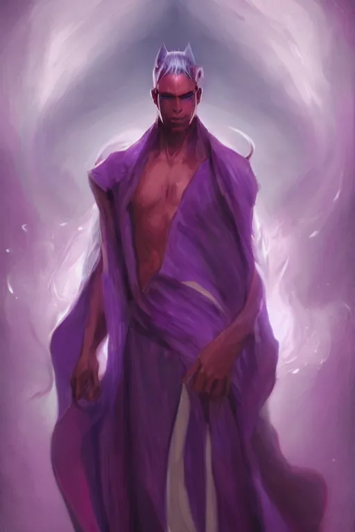 Image similar to djinn man male demon, portrait, full body character, concept art, purple cloak, single face, illustration, white spiral horns, single face, cinematic color grading, editorial photo, fashion, hyperrealism, realism, trending on artstation, Charlie Bowater, WLOP