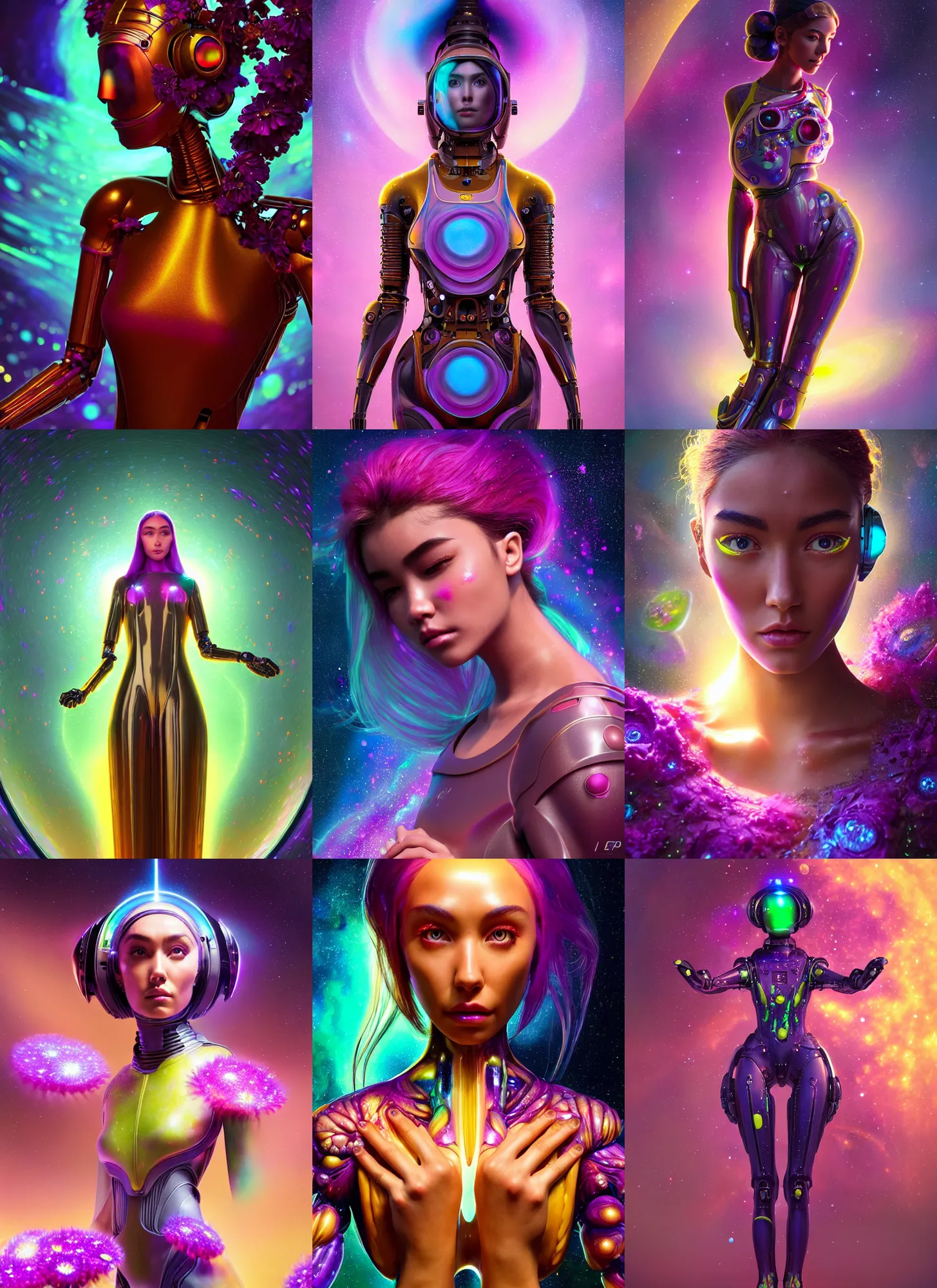 Prompt: polished sweaty oily galactic edm floral biotech android woman : : madison beer : : weta disney pixar movie still photo : : hi - fructose, sci fi, fantasy, decadent highly - detailed digital painting, golden ratio, octane render, artstation, smooth, sharp focus, artgerm, mucha, loish, wlop : :