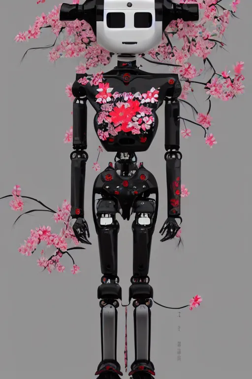 Image similar to full body portrait of a Japanese robot geisha with kanji tattoos and decals wearing a digital pixelated kimono, intricate design, photorealistic, octane render, raytraced, ultra fine detailed, character design, trending on artstation