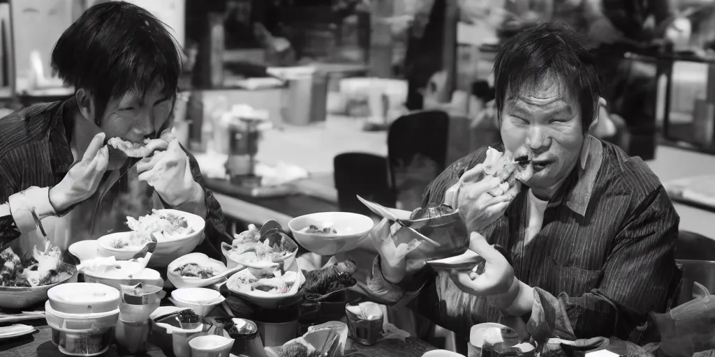 Image similar to a man eating bibimbap by huskmitnavn, black and white