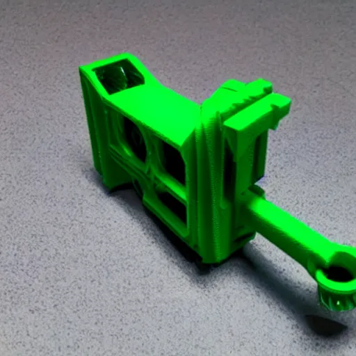 Image similar to a 3 d printed rail gun prototype, printed in green filament that is slightly transparent, with visible layer lines and printing errors. 4 k, hdr, photo taken on an iphone 1 2.