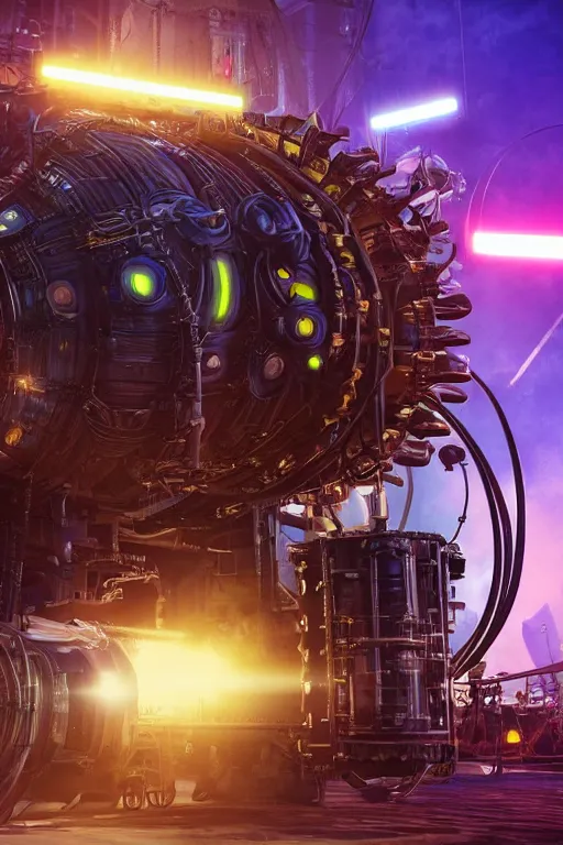 Prompt: a movie poster, movie is called tripmachine, photo of a huge futuristic steampunk generator inside a steampunk machinery, 8 k, fluorescent colors, halluzinogenic, multicolored, exaggerated detailed, 3 d render, octane