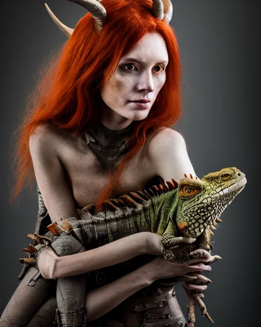 Image similar to 5 5 mm portrait photo of an armored redhead woman with goat horns and a an iguana sitting on her shoulder by luis royo. highly detailed 8 k. intricate. lifelike. soft light. nikon d 8 5 0. cinematic post - processing