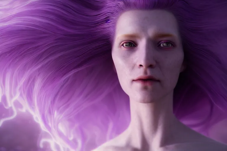 Image similar to an ultra realistic, cinematic, close up portrait, of a pale woman with flowing purple hair, soft light, dreamy, facial features, standing in a space ship wreck, sci - fi armor, detailed, deep focus, movie still, dramatic lighting, ray tracing, by michal karcz and yoshitaka and david cronenberg