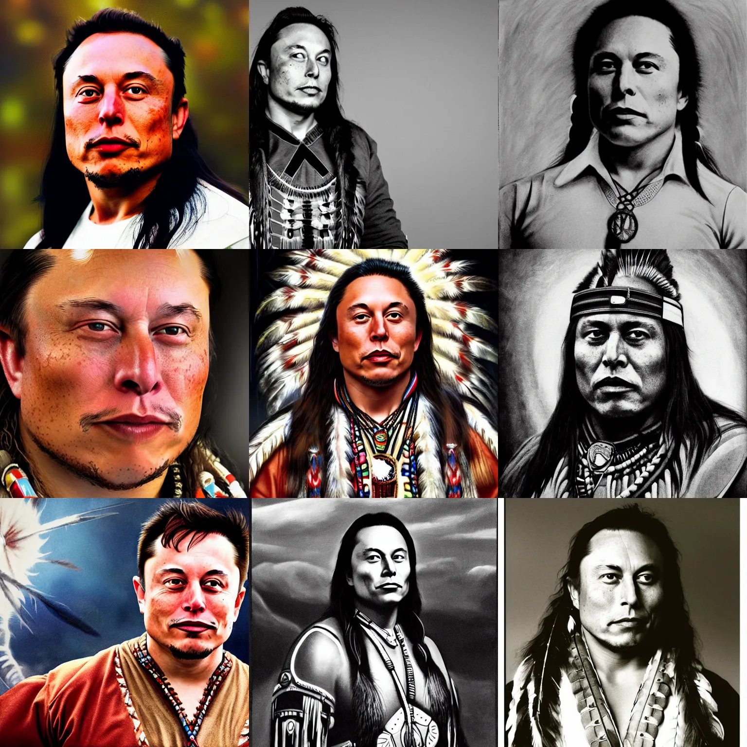 Prompt: photo of native american indian man elon musk, portrait, skilled warrior of the apache, ancient, realistic, detailed, very very very very elon musk elon musk