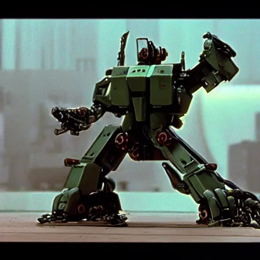 Image similar to metal gear mech, 1 9 8 7, movie still, wide shot, detailed, mechanical, dark green, dramatic lighting, 3 5 mm, film grain