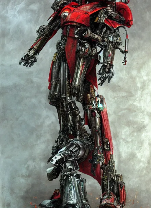 Image similar to portrait of rotten Tom Cruise as adeptus mechanicus in red hood and robe from Warhammer 40000. Highly detailed, artstation, illustration by and John Blanche and zdislav beksinski and wayne barlowe and Gustav Klimt