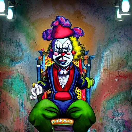 Image similar to krusty the clown wearing bizarre clown makeup, and intricate clown costume, sitting on a throne in an abandoned subway, by rossdraws, vivid colors, studio lighting, digital artwork, uhd, best of artstation