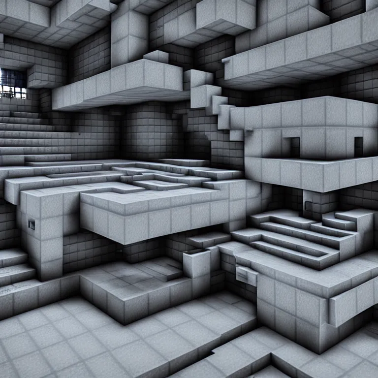 Prompt: Concrete gray multi-layered underground structure with multiple floors and a plus-shaped cleft in the center. Inside view, minecraft style, layers, straight lines, corners, high detailed, details, ultra realistic, photorealism, 8k, wide shot, symmetrical, render, brutalism, ray of light, architecture, volumetric lighting, cinematic, shadows
