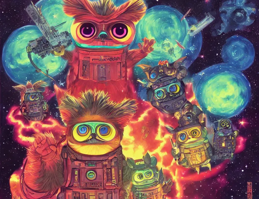 Prompt: the elder furby ruling over the galaxy. this gouache painting by the award - winning mangaka has dramatic lighting, an interesting color scheme and intricate details.