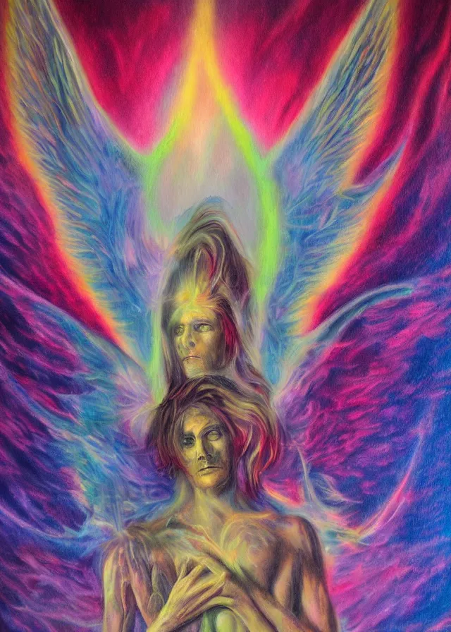 Image similar to Lucifer of the lunar mythos mercurial (surreal) fallen angel mist fear not, award winning oil painting, chromatic aberration polychromatic color palette radiant colors