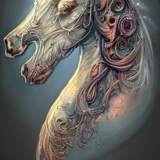 Image similar to a wlop 3 d render of very very very very highly detailed beautiful mystic portrait of a phantom undead horse with whirling galaxy around, tattoos by anton pieck, intricate, extremely detailed, digital painting, artstation, concept art, smooth, sharp focus, illustration, intimidating lighting, incredible art,