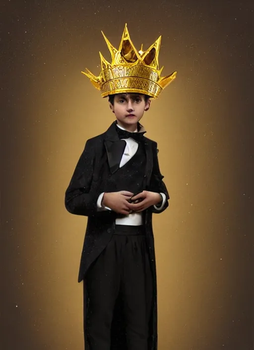 Image similar to young Camilo as a paper man wearing a golden crown and a black tissue paper prince tuxedo by Prada. ethereal, fantasy, Lawrence Alma-Tadema, James Jean, oozium, peter morbacher, angelarium, alchemy, luxury, heavenly light, Soft illumination, Trending on artstation, Cinematic Lighting, very detailed, 3D, octane render, artgerm