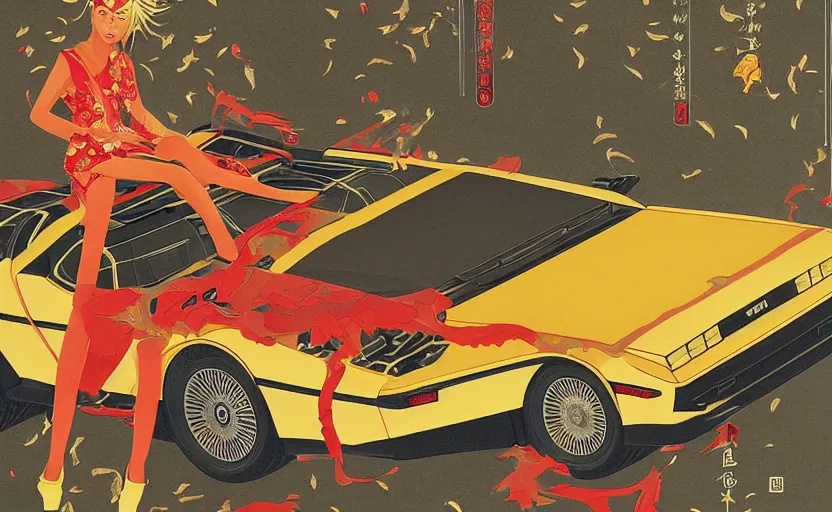 Image similar to a red delorean and yellow tiger, art by hsiao - ron cheng and utagawa kunisada, magazine collage, # de 9 5 f 0