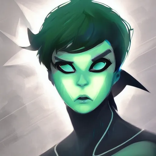 Image similar to A digital matte intricate illustration concept art of young Danny phantom with glowing green eyes and sharp teeth alt art fashion inspired art by Charlie Bowater and Artgerm and Mark Arian and Ross Tran + neon colors, wakfu colors + symmetry + greco-roman art, intricate complexity, epic composition, magical atmosphere, highly detailed, cinematic lighting + masterpiece, trending on artstation + 8k