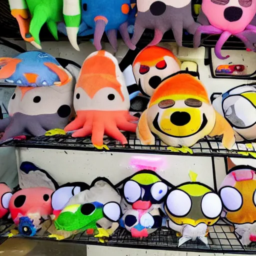 Prompt: a showcase of various squid plushies covered on fire