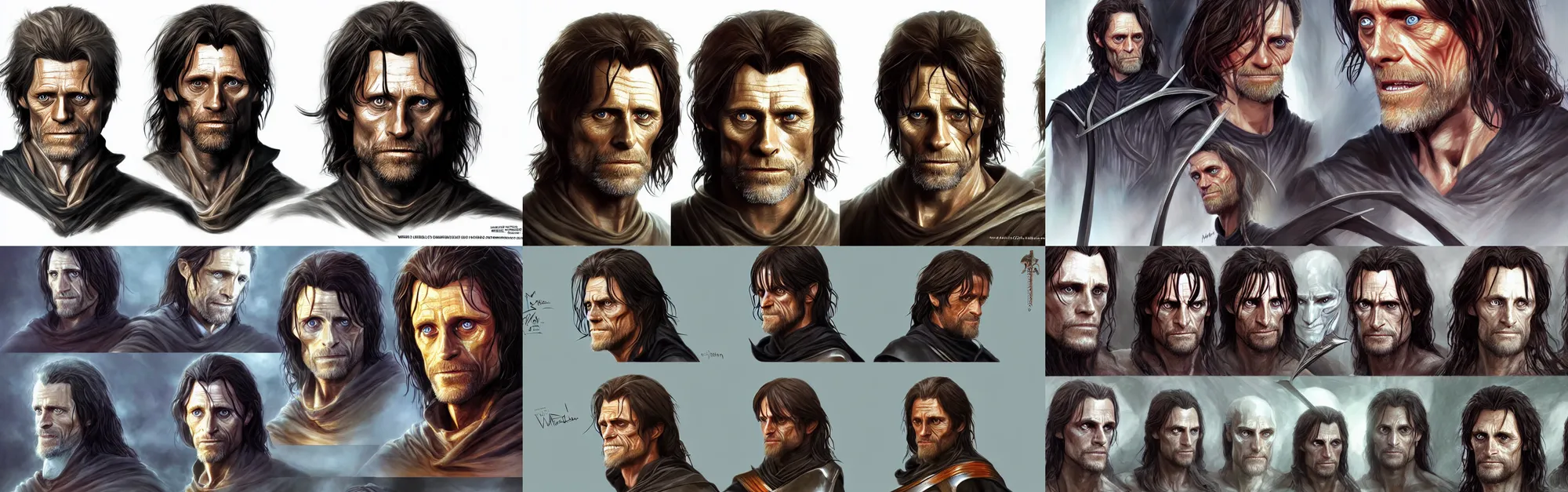 Prompt: concept art of willem dafoe as aragorn video game characters head designs, unique styles, by marc brunet and artgerm