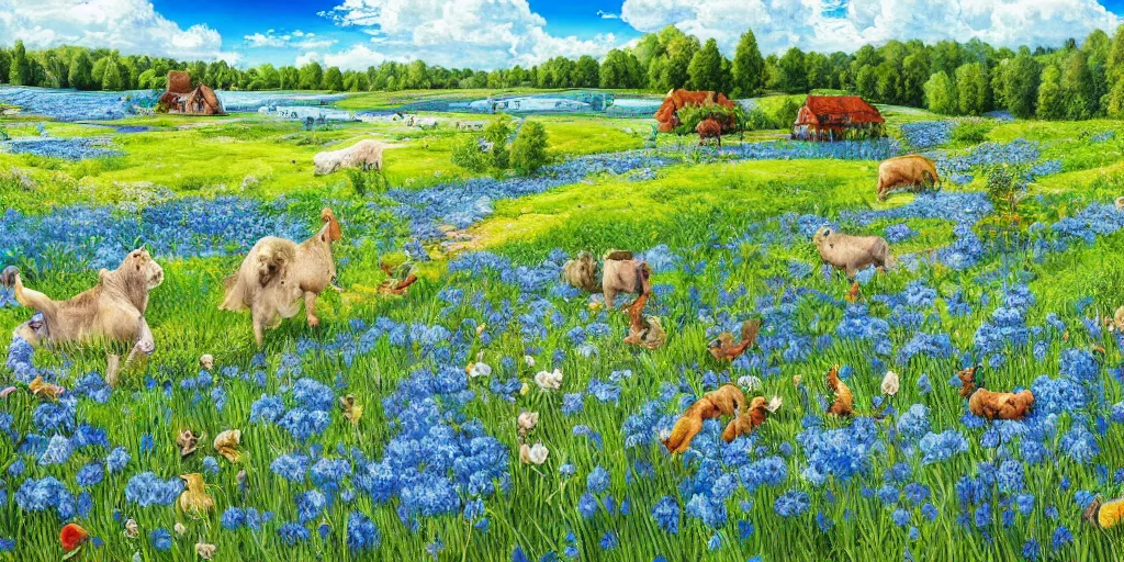 Image similar to Miltonian idyllic azure meadow sunny weather heaven of animals, detailed, intricate, masterpiece, 8k resolution