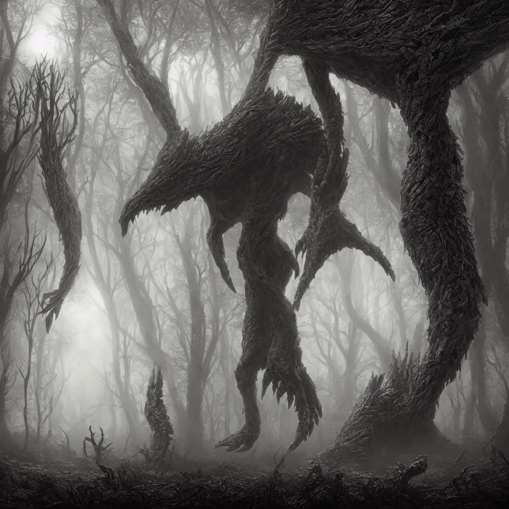 Image similar to Photorealistic giant nightmare creature in the ominous foggy woods in the style of Michael Whelan and Gustave Dore. Hyperdetailed photorealism, epic scale, misty, 108 megapixels, amazing depth, glowing rich colors, powerful imagery, psychedelic Overtones, 3D finalrender, 3d shading, cinematic lighting, artstation concept art