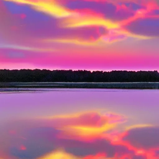 Prompt: dreamland surreal infinite rose colored sky with feathery blush colored clouds over a body of calm flat reflective pink water looking out to the horizon with no trees or land in sight