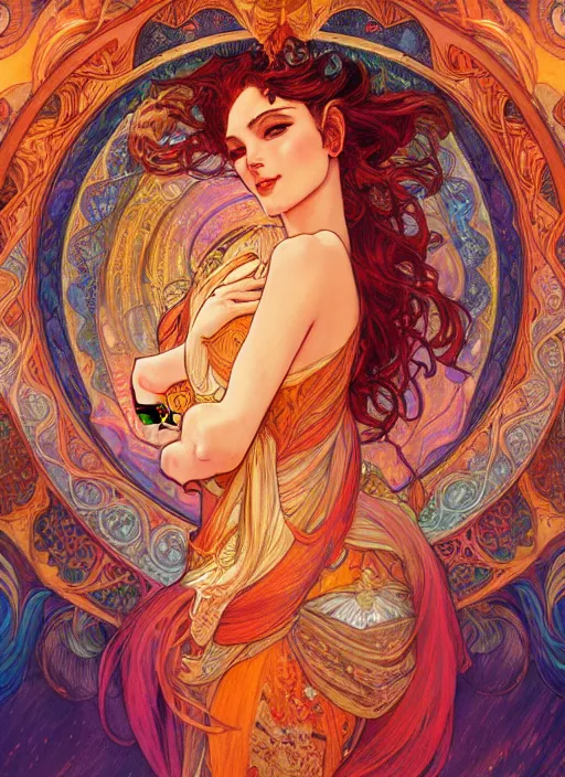 Image similar to Fire Goddess, ambient lighting, 4k, josephine wall, alphonse mucha, lois van baarle, ilya kuvshinov, rossdraws, artstation