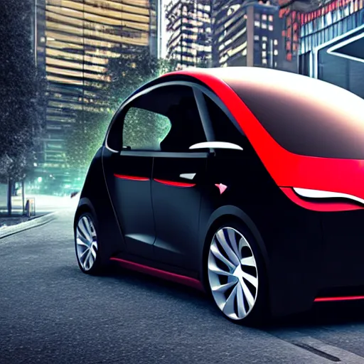 Prompt: aerodynamic single passenger electric city car by tesla, 3 d rendering, unreal engine, 4 k, very detailed, photo shoot, lighting, dark vibrant colors