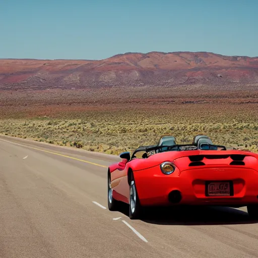 Prompt: a sports car driving fast on Route 66,