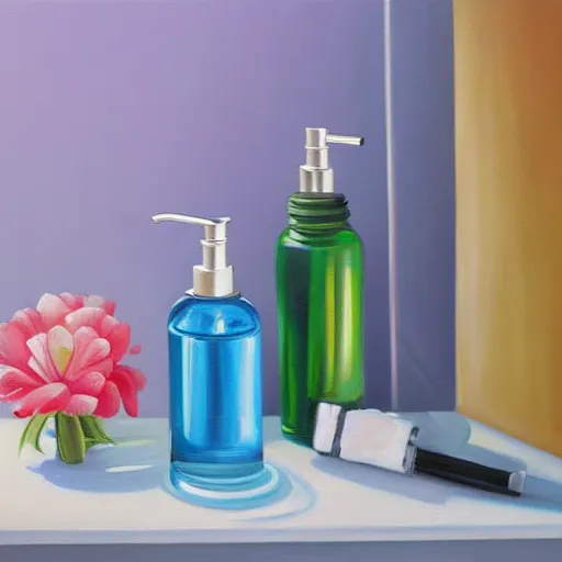 Image similar to a colorful painting of a faucet and soap dispenser, an airbrush painting by janet fish trending on artstation, ( ( ( hyper realism ) ) ), oil on canvas, detailed painting