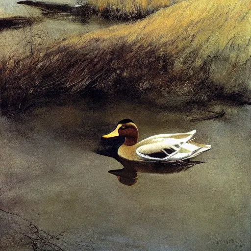 Prompt: a duck on the prowl oil painting andrew wyeth
