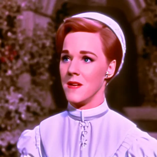 Image similar to julie andrews as a white cat, austria, film still, sound of music, 4 k, 8 k