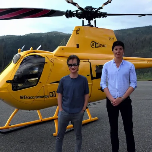 Prompt: blonde swedish guy and tall korean guy in front or robinson r 4 4 helicopter