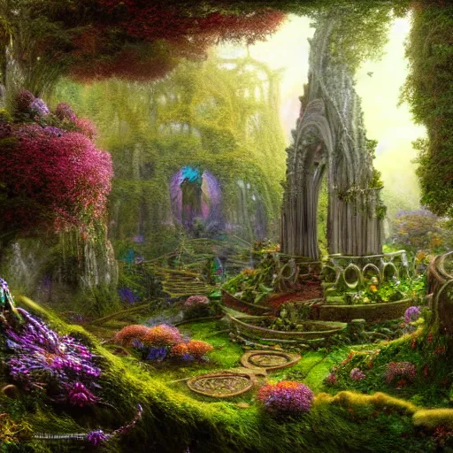 Image similar to a beautiful and highly detailed matte painting of a lost celtic elven temple in a magical fantasy garden, colorful flowers, psychedelic patterns, epic scale, insanely complex, hyperdetailed, sharp focus, hyperrealism, artstation, cgsociety, 8 k, bright colors, by caspar friedrich, albert bierstadt, james gurney, brian froud,