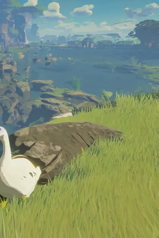 Image similar to in game footage of a white goose from the legend of zelda breath of the wild, breath of the wild art style.