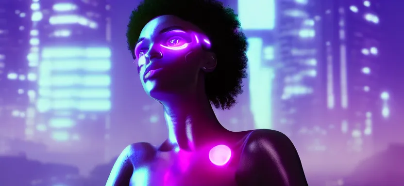 Prompt: portrait of a beautiful black woman with afro hair and glowing purple eyes, cyberpunk rio de janeiro background, digital art, trending on artstation, global illumination, backlit, purple and blue