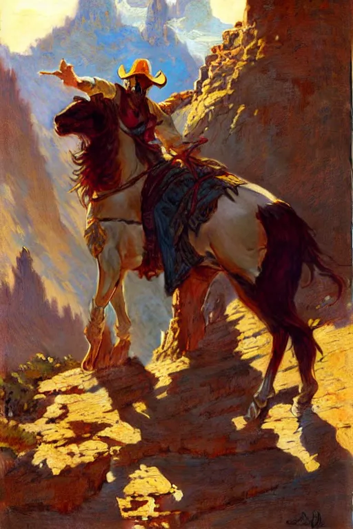 Image similar to attractive man, cowboy, beautiful mountain, cool colors, painting by gaston bussiere, craig mullins, greg rutkowski, alphonse mucha