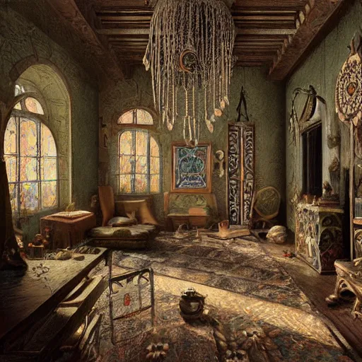 Image similar to detailed painting of a bohemian interior room with celestial ephemeral ornaments and hr giger architecture, artstation, greg crewdson, cinematic