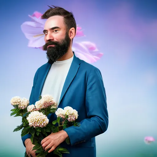 Image similar to a portrait of a man with flowers in the beard, roses peonies forget-me-nots dahlias lupins gladioli, sky theme in background, 35mm Photograph, 4K Resolution, Astrophotography, Digital Art, Trending on artstation