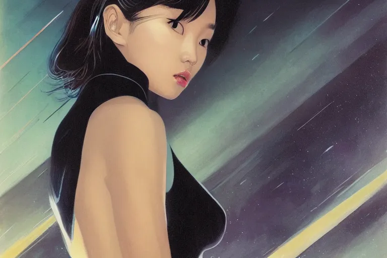 Image similar to Lee Jin-Eun by Vincent Di Fate, rule of thirds, seductive look, beautiful, in intergalactic hq